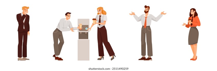 Cheerful Man and Woman Office Worker Vector Illustration Set