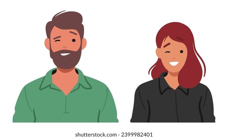 Cheerful Man and Woman Radiate Joy With Playful Wink And A Smile. People Facial Expression Exuding Happiness And Positive Energy, Creating An Infectious Sense Of Delight. Cartoon Vector Illustration