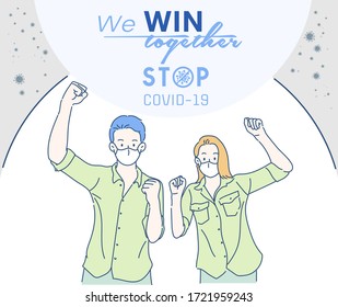 Cheerful man and woman raise his hand confidently whether to join fight against the Virus COVID-19. Hand drawn in thin line style, vector illustrations. (A Mask can be removable)