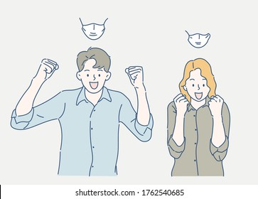 Cheerful man and woman raise his hand confidently, they are wearing medical face masks. Hand drawn in thin line style, vector illustrations. (A Mask can be removable)