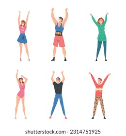 Cheerful Man and Woman with Raised Up Hands Cheering About Something Vector Set
