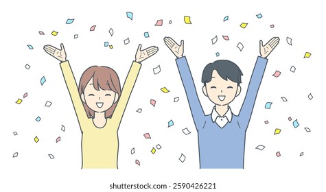 A cheerful man and woman raising her arms in celebration with confetti falling around them, representing success or achievement.