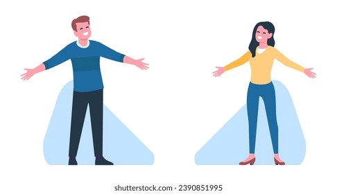 Cheerful man and woman stand with their arms wide open in greeting. Joyful people. Gesture of embrace. Fun and happiness. Outstretched hands. Positive emotion showing