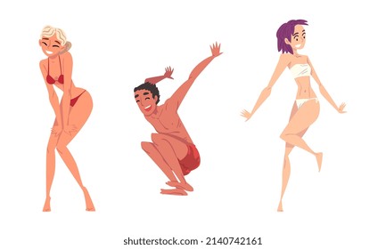 Cheerful Man and Woman in Swimwear Having Pool Party Vector Set