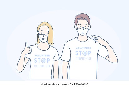 Cheerful man and woman in volunteers t-shirt, they pointing index finger on sterile face mask. Infection control concept. Hand drawn in thin line style, vector illustrations.(A Mask can be removable)