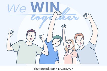 Cheerful man and women raised his fist with confidence. Hand drawn in thin line style, vector illustration.