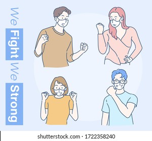 Cheerful man and women are wearing face mask, they raised his fist with confidence. Hand drawn in thin line style, vector illustration. (A Mask can be removable)