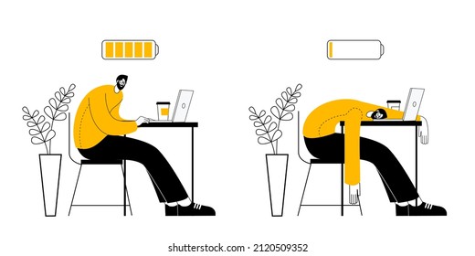 A cheerful man is working at a computer, and a tired man is sleeping at an open laptop. Vector illustration in outline style on the theme of workaholism and fatigue.