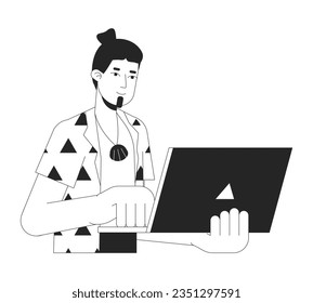 Hombre alegre trabajando en línea plana con carácter vector blanco negro. Mensaje editable de escritura de medio cuerpo independiente del esquema en blanco. Vacaciones de verano simple caricatura ilustración spot para diseño gráfico web