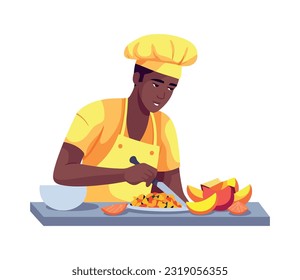Fröhlicher Mann arbeitet, bereitet Fruchtsalat-Symbol einzeln