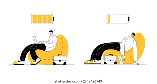 A cheerful man works at the computer, and a tired man sleeps in a bean bag chair. Vector illustration in outline style on the theme of workaholism and fatigue.