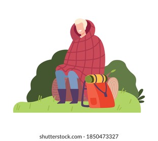 Cheerful Man Wrapped in Blanket and Sitting on Log with Backpack Vector Illustration