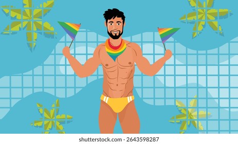 Cheerful man in yellow trunks holding drinks dancing in tropical backdrop