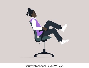 Cheerful manager rolling in an office chair, embracing a fun and playful moment at work, Team-building and joy in the workplace concept