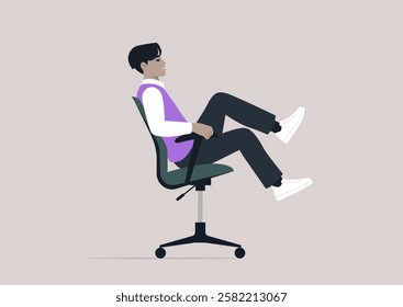 Cheerful manager rolling in an office chair, embracing a fun and playful moment at work, Team-building and joy in the workplace concept