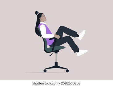 Cheerful manager rolling in an office chair, embracing a fun and playful moment at work, Team-building and joy in the workplace concept