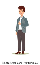 Cheerful manager showing thumb up. Male character. Businessman character. Animate persona. Different man postures. Vector personage.