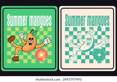 cheerful mango mascot character, surrounded by a blooming flower. The classic design is perfect for various creative projects, including branding, packaging, and advertising. 