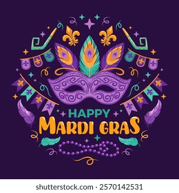 Cheerful mardi gras carnival scene featuring festive masks, colorful flag garlands, balloons, and beads. Ideal for posters, flyers, postcards, t-shirts, and various design projects. square banner