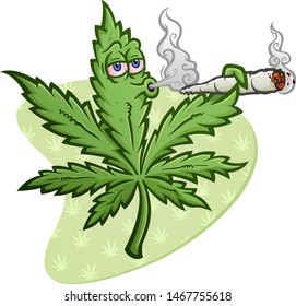 A cheerful marijuana vector cartoon character getting high and smoking a huge rolled up pot joint and blowing smoke