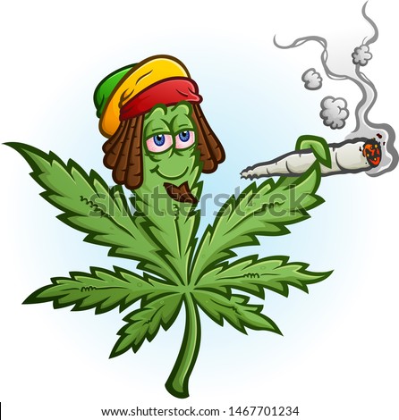 A cheerful marijuana vector cartoon character getting high and smoking a huge rolled up pot joint and wearing a Rastafari hat