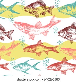 Cheerful marine seamless pattern with colorful hand drawn fished and bubbles.