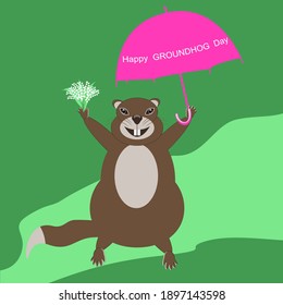 Fröhliches Marmot, mit einem Regenschirm und einem Strauß von Lilien aus dem Tal - Illustration, Vektorgrafik. Alles Gute zum Grundurchtag! Tierwelt