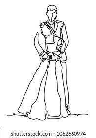 Cheerful married couple. Continuous line drawing. Isolated on the white background. Vector monochrome, drawing by lines. sketch