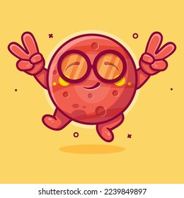 cheerful Mars planet character mascot with peace sign hand gesture isolated cartoon in flat style design