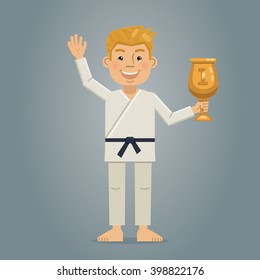 Cheerful martial artist standing with winners cup. Winner, prize, celebration, victory, congratulations. Karate, judo, aikido, taekwondo master. Flat style vector illustration