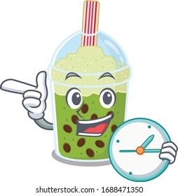 Cheerful matcha bubble tea cartoon character style with clock