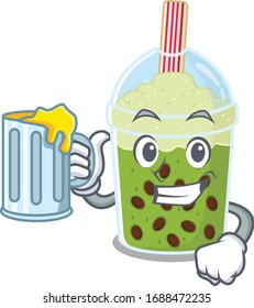 Cheerful matcha bubble tea mascot design with a glass of beer