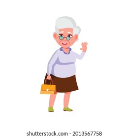 cheerful mature woman greeting friends in mall cartoon vector. cheerful mature woman greeting friends in mall character. isolated flat cartoon illustration