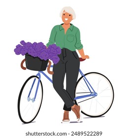 Cheerful Mature Woman Standing With A Bicycle That Has A Basket Full Of Purple Flowers. Senior Female Character In A Relaxed Pose, Portraying A Sense Of Contentment, Joy, Outdoor Leisure And Happiness