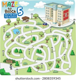 A cheerful maze scene shows a schoolboy with a backpack starting at the park entrance, finding his way through winding paths toward Block 5 surrounded by trees and benches.