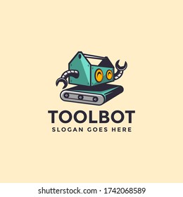 Cheerful Mechanical Toolbox Robot Cartoon Mascot Logo Template On Light Background