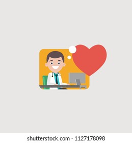 Cheerful medic in whites sitting and working at computer at big red heart on gray background 