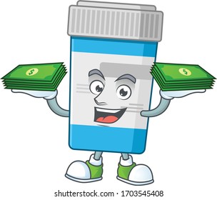 A cheerful medical bottle mascot design with some money on hands