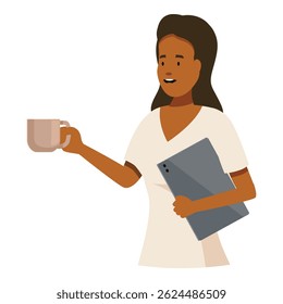 Cheerful medical professional holding a tablet and a coffee mug, prepared for a busy day