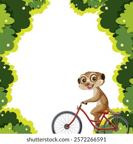 A cheerful meerkat cycling through lush greenery