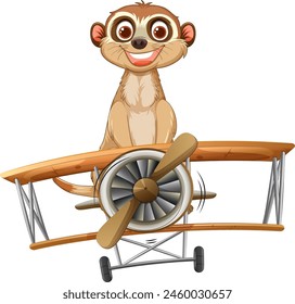 Cheerful meerkat flying a classic wooden airplane