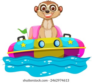 Cheerful meerkat in a vibrant bumper boat on water