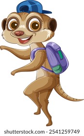 Cheerful meerkat wearing a backpack and cap