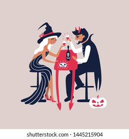 Cheerful meeting of the witch and the devil at a Halloween party. Cute vector illustration on Halloween.
