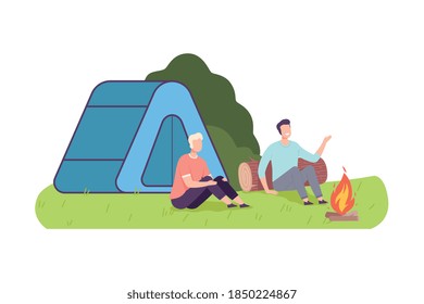 Cheerful Men Characters Sitting at Campfire Laughing and Talking Vector Illustration