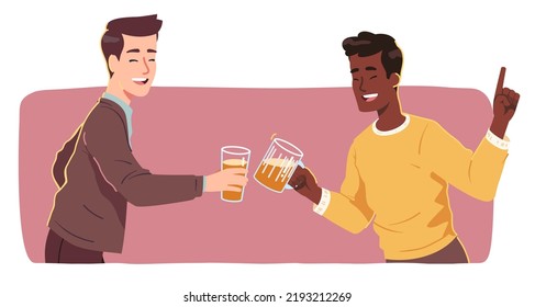 Cheerful men drinking alcohol drinks clinking glasses having party. Joyful excited friend person cartoon characters celebrating holiday event together. Celebration fun flat vector illustrati