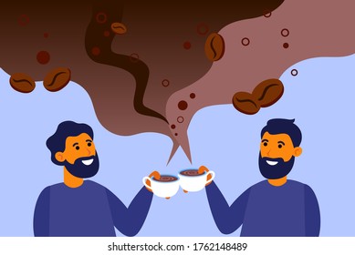 Cheerful men drinking aromatic black coffee. Americano, cup, mug, steaming cloud flat vector illustration. Morning, coffee shop concept for banner, website design or landing web page