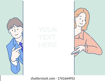 Cheerful Men and girl is standing behind the white blank banner and pointing down at a copy space. Hand drawn in thin line style, vector illustrations.