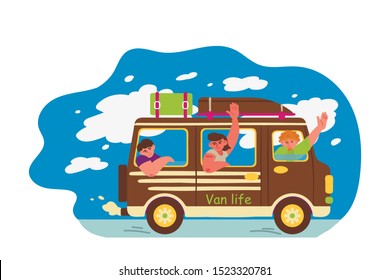 Cheerful men travel by car. Three youngster going on vacation. Van life movement. Vector illustration in freehand drawn style.