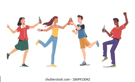 Hombres alegres, mujeres bailando, bebiendo bebidas alcohólicas en fiestas. Personajes alegres de amigos emocionados celebrando el evento festivo. Ilustración vectorial plana de fondo del patrón divertido de celebración